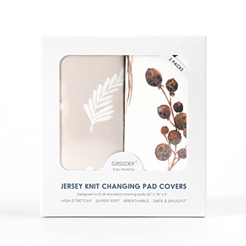 Grssder Stretch Ultra Soft Jersey Knit Changing Pad Cover Set 2 Pack, Change Table Pad Covers Fit 32"/34" X 16" Pads Safe And Snug, Stylish Pretty Flora For Baby, Beige #TOP3