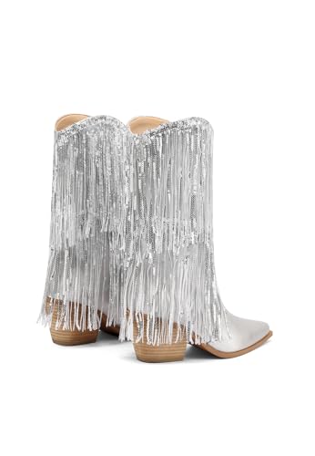 Mi.iM Women's Rhinestone Cowboy Boots Knee High Wide Calf Cowgirl Boots Western Pointed Toe Chunky Heel Sparkly Cowgirl Booties Pull On Cowboy Boots for Women3