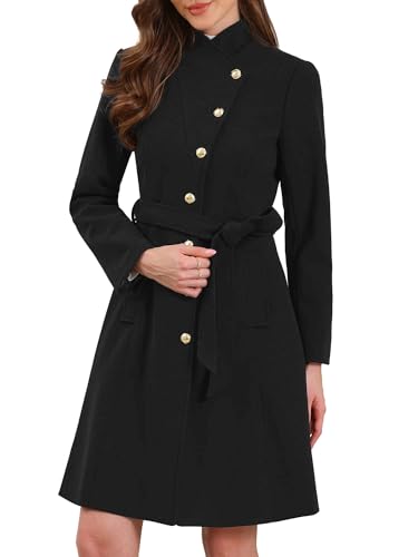 Image of Allegra K Pea Coats for Women Fall Winter Stand Collar Single Breasted Long Trench Coat with Belt 2025 X-Small Black