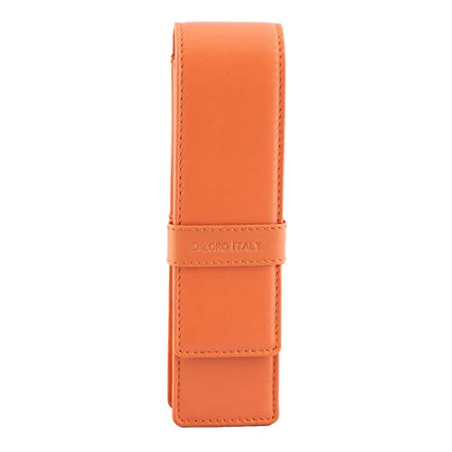 Image of DiLoro Leather Double Pen Case Pencil Pouch Holder for Two Fountain Ballpoint Rollerball Pens and Pencils (Orange)