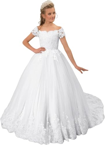 Off Shoulder Flower Girl Dress for Weeding Lace Appliques Pageant Dress Tulle Princess Kids Ball Gown