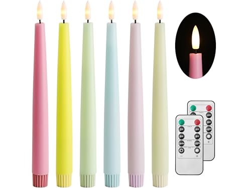 Image of Stmarry Multicolored Pastel Flameless Taper Candles with Remote and Timer, 9.65 Inch Real Wax LED Colorful Candlesticks, Battery Operated Colored Tall Candles with 3D Flickering Flame, 6 Pack