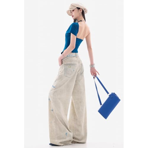 Harajuku American Retro Chain lace Printed Jeans Spicy Girl Design, Loose Personalized Straight Leg Wide Leg Jeans2