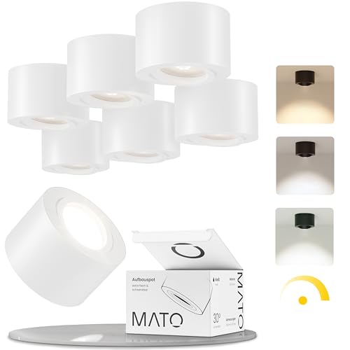 MATO 6x Aufbauspot weiß - extra flach & schwenkbar - Ø80x50mm - Aufputz Spots Decke inkl. 5W LED Modul 230V 3000K/4000K/6500K - Deckenspots, Aufbaustrahler, Aufputz Deckenstrahler