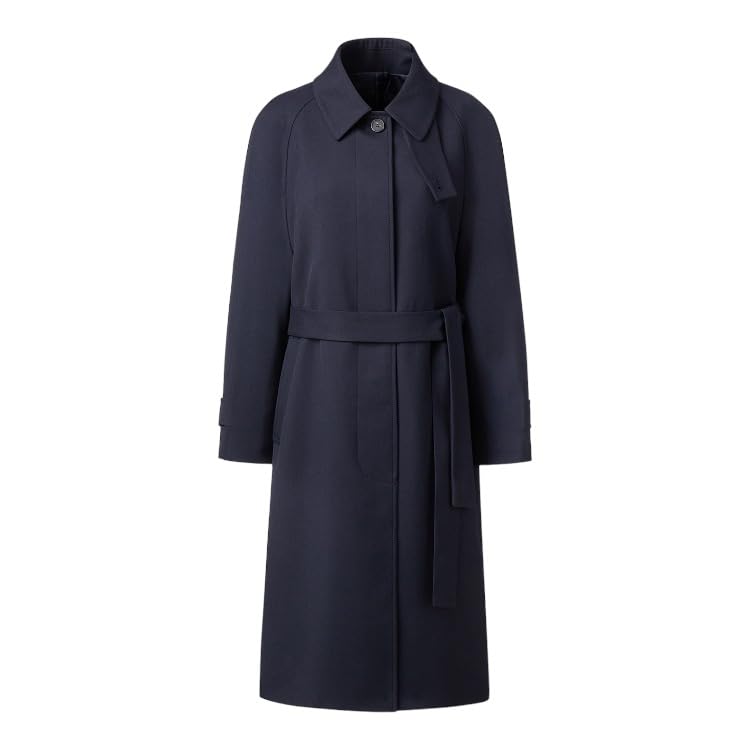 EDUARDO Womens Long-length Single-Breasted Belted Wool Blend with a Detachable Shirt Collar Flap - Dark Navy