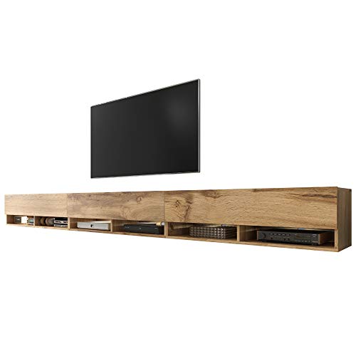 Selsey Wander - TV-Board/Fernsehschrank für Wohnzimmer hängend/stehend, optional mit LED, 300 (3 x 100) cm breit (Holzoptik Wotan Eiche, mit LED)