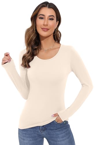 Qzzater Women's Scoop Neck Short Sleeve Long Sleeve Slim Fit T Shirt Tunic Tops Tee Beige Medium