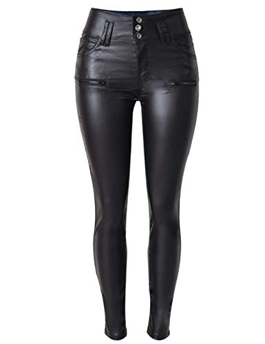 xxxiticat Women's Black Stretch Jeans Button Closure Zipper Up High Waisted PU Biker Slim Trousers Faux Leather Skinny Pants4