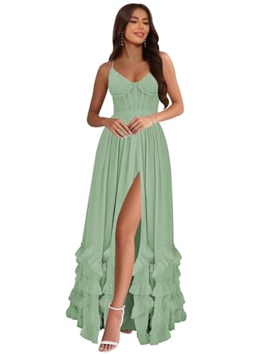 Floral Chiffon Bridesmaid Dresses for Women Wedding Guest Ruffle A-Line Prom Dresses Long with Slit