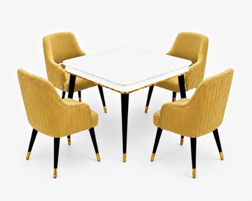 Image of WOODEN SPACE 4 Seater Wooden Dining Table Set | Urban Marble Top Dining Table with Chairs for Dining Room & Kitchen (Modern Zyro Yellow) (42 x 42 x 30 inch)