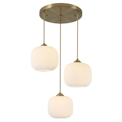 KCO Lighting Grande Lampadario a 3 Luci Cluster Oro Globo Luci a Sospensione Cucina Isola Bianco Vetro a Coste Lampada a Sospensione Soffitto Lampadario in Ottone Antico per Sala da pranzo