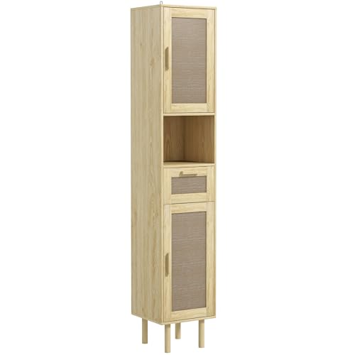 HOMCOM Meuble Salle de Bain, Colonne Rangement Salle de Bain, avec Portes en rotin, étagère Ouverte, tiroir, 2 placards, 32 x 30 x 170 cm, Effet Bois de...