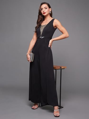 Image of Miss Chase Women's Halter Neck Sleeveless Solid Wide Leg Sequin Paneled Regular Length Jumpsuit