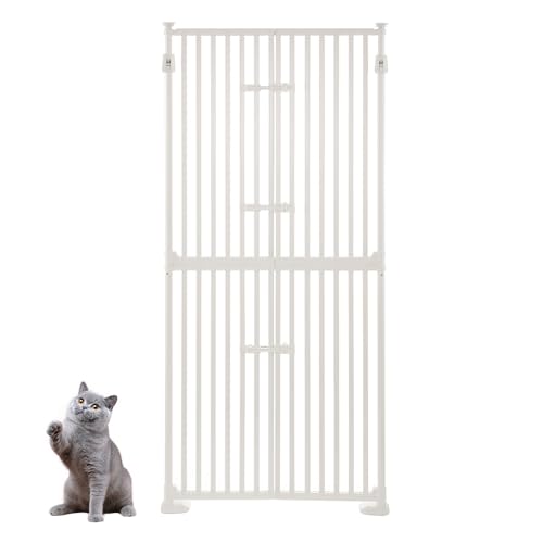 unipaws 74 Inch High Extra Tall Cat Gate with Doors Locks Narrow Bar Spacing, Pressure Mounted 6 to 8 Feet Tall Adjustable Pet Gate, Cat Door Way Indoor Use, White