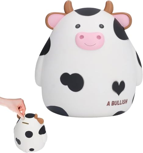 H&W Cow Piggy Bank, L Size, Unbreakable Coin Box for Kids, Cute Animal Money Bank Birthday for Boys Girls,Coin Saving Boxes (White)