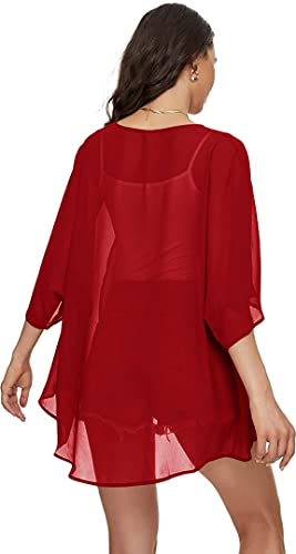 Image of Indian Trendy Women's Solid Puff Sleeve Kimono Cardigan Loose Cover Up Casual Blouse Top Chiffon