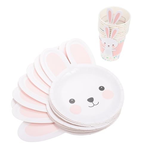 BinZyronic ウサギデザイン紙製テーブルウェア24個セット ? イースター向け使い捨てカップとカトラリー、軽量で持ち運び便利、安全な素材使用