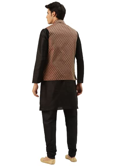Sojanya (Since 1958 Men's Silk Blend Black Kurta Pyjama & Maroon Self Design Nehru Jacket Combo