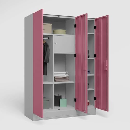 Image of Interio by Godrej Almirah Slimline 3-Door Steel Almirah, Cupboard for Clothes (Royal Ivory and Dusty Rose), 1-Year Warranty, 7 Shelves, 1 Locker