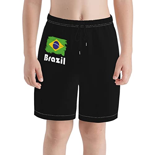AHMOVOMAH Brazil Flag Teen Boy Girl Beach Shorts Trunks Swim Board Shorts Surf Swimwear Pants Medium White