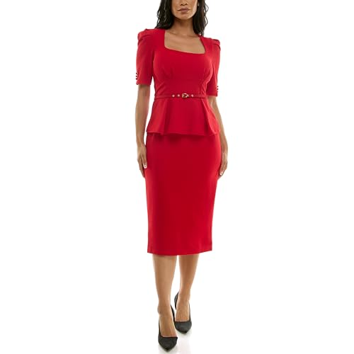 Women's Elbow Sleeve Belted Boucle Peplum Pencil Sheath Midi Dress