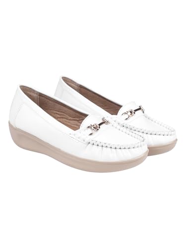 Shoetopia Women’s White Comfort Loafers – Soft Sole Slip-On Moccasins with Horsebit Detail | Casual & Office Wear Flats EU36