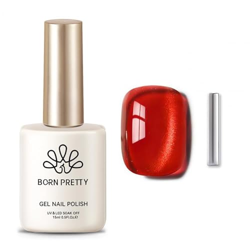 BORN PRETTY Cat Magnetic Eye Gel Nail Polish,Red Jelly Glass Magnetic Gel Polish, Artisan Glitter Soak Off Nail Art Salon Manicure Home Gift 15ml