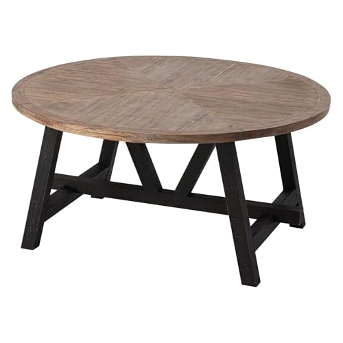 Rustic Farmhouse Coffee Table with Geometric Base, French Country Accent Table for Family, Dinning or Living Room, Modern, Round