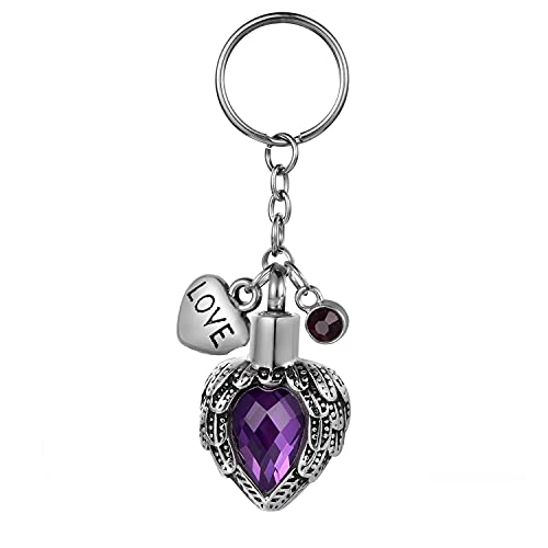 COCO Park Cremation Keychain Stainless Steel Angel Wings Purple Birthday Lucky Stone Ashes Pendant Key Ring Memorial Jewelry - Engraving