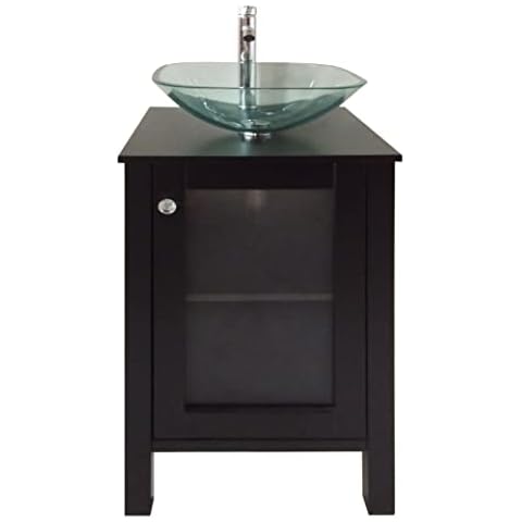 QIERAO 20" Samll Freestanding Wooden Bathroom Vanity with Glass Vessel Sink Set(Square Glass Sink) (Black) Cover