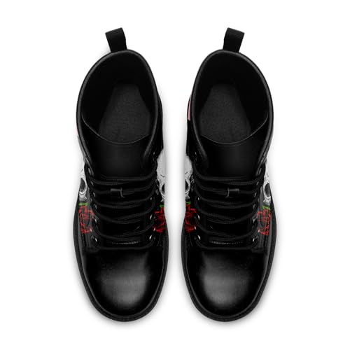 Image of Custom Black Combat Boots for Women Fashion Lace-Up Skull Rose Ankle Booties Chunky Heel Platform Leather Boots