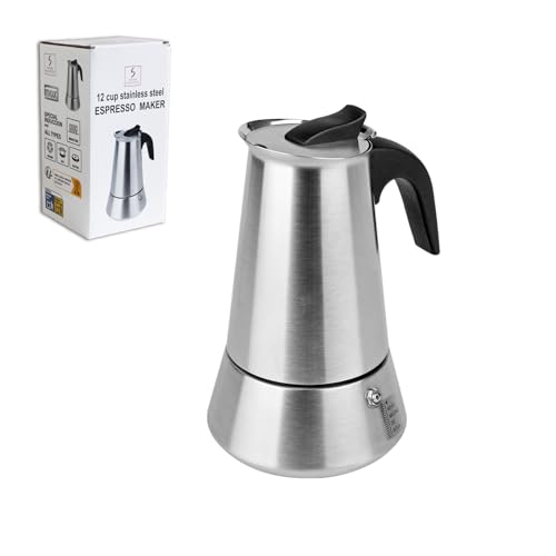 Solazzia 12 Cup Stovetop Espresso Maker Matte Stainless Steel Moka Pot Italian and Cuban Mocha Coffee Maker, Compatible with Gas, Electric, Ceramic, and Induction stovetops(20 fl oz/600 ml)