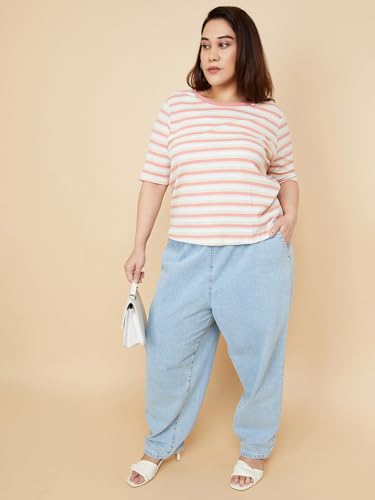 Image of Max Women Striped Ribbed T-Shirt Regular Fit