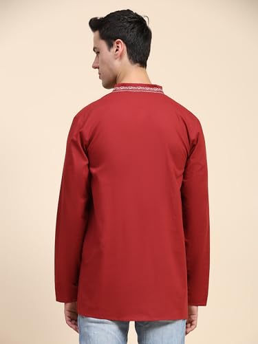 Image of SKAVIJ Men's Cotton Embroidered Kurta Shirt - Long Sleeve Traditional Indian Tunic for Casual