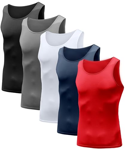 HIBETY Men's 3 or 5 Pack Sleeveless Compression Tank Top, Base Layer Cool Dry Compression Shirts Muscle Gym Tank Tops