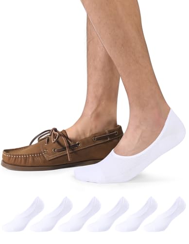 CLOSEMATE Mens Ultra-Low Cotton No Show Socks Invisible Hidden for Loafers with Non Slip Grips 6 Pairs(6White Size M)