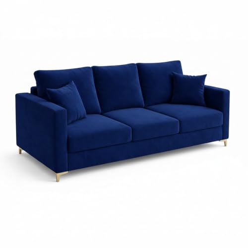Image of Hayes Rich Velvet Suede 3 Seater Sofa | Golden Aesthetic Legs | Spacious Soft Touch Comfort Seating | Modern Sofa for Living Room (Dark Blue)