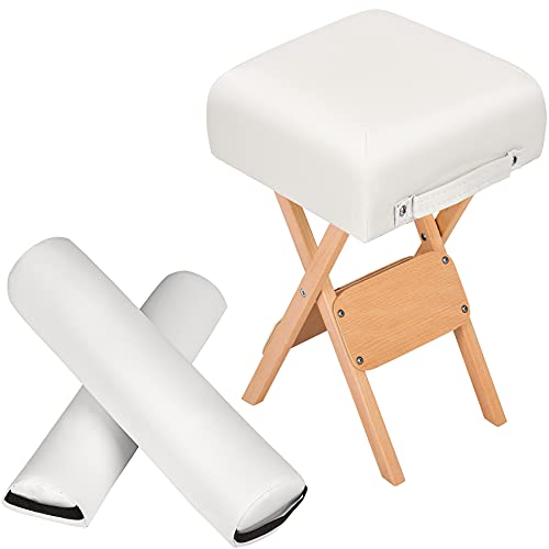 tectake® taburete plegable portatil con asiento acolchado y funda de cuero sintético, accesorios camilla masaje plegable, ideal para camilla estetica y camilla plegable fisioterapia - Blanco
