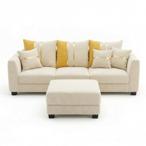 Image of Vero Plush Comfort Sofa Set | 3 Seater + 2 Seater with Ottoman | Luxury Velvet Suede Fabric | Modern Living Room Sofa | Cream