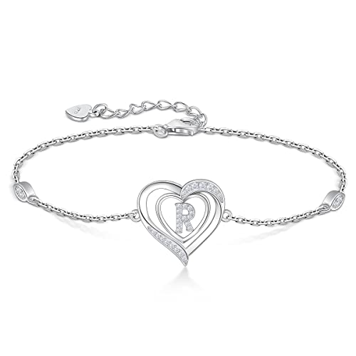 RIVIKO Heart Initial Bracelets for Women,925 Sterling Silver Letter Bracelets, Personalized Charm Alphabet Jewelry Valentines Christmas Mother’s Day Birthday Gifts for Women Friend Her Mom Wife Lady