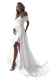 Off Shoulder Satin Wedding Dress Short Beach Bridal Gown Detachable Train A Line White Princess Dress for Women
