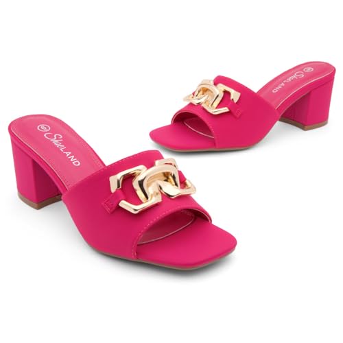 Image of Shoe Land Women's Low Block Heels 2025 - Square Open Toe Slip-On Mules with Metal Chain, Comfortable Chunky Dressy Heeled Slides for Wedding, Office, Party & Everyday Wear