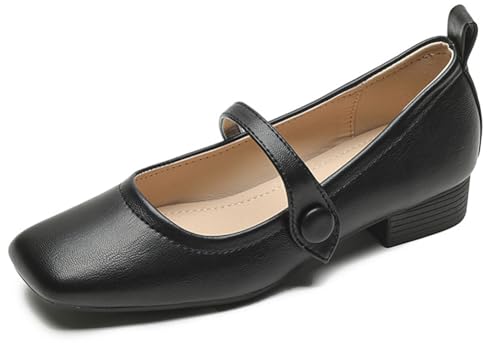 Niction Mary Jane Flat Shoes for Women Square Toe Retro Pu Leather Ballet Flats Comfortable Womens Dress Shoes for Work Walking Driving