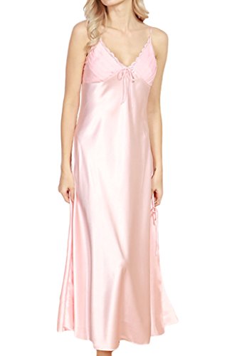 ASHER FASHION Women's Sexy Satin Long Nightgown Lace Slip Lingerie Chemise Robes Light Pink US 4-6 = Tag M