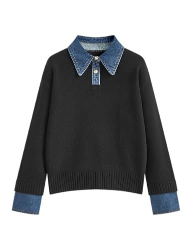 BQDCQB Womens Fall Oversized Long Sleeve Sweaters 2 in 1 Denim Panel Lapel Sweater Polo Knit Sweater Tops(Black-L)