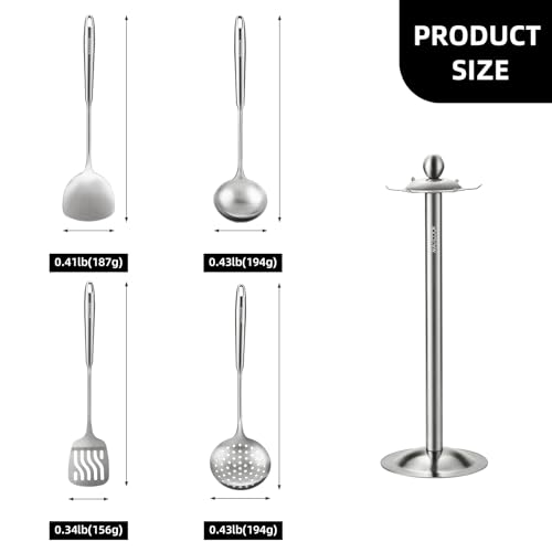 MAXCOOK 5 Pieces Cooking Utensils set, 18/8 Stainless Steel Kitchen Utensil Set with Rotating Holder (Dishwasher Safe) by MAXCOOK - Image 3