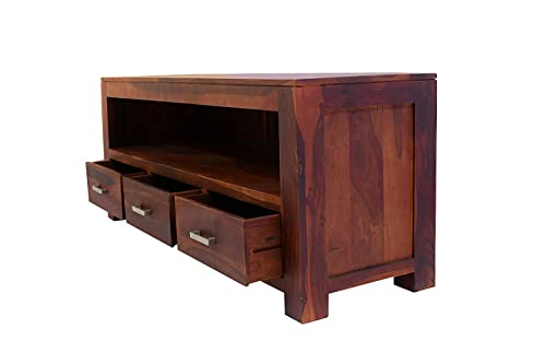 Wood World Wood Multipurpose Entertainment TV Unit Cabinet with 3 Drawer and 1 Shelf Storage for Home Living Room Solid Wooden Furniture for Hall & Office Décor