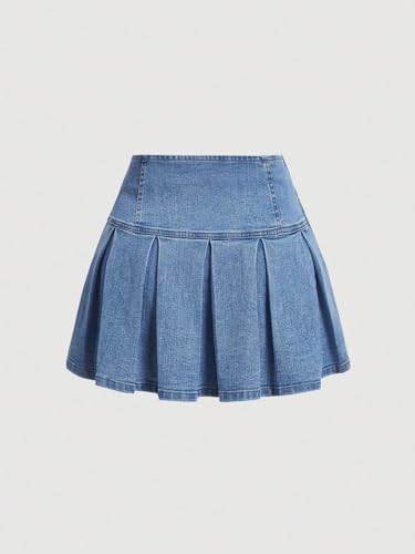 SweatyRocks Women's Plus Size Lace Up Front High Waist A Line Pleated Mini Denim Skirt2