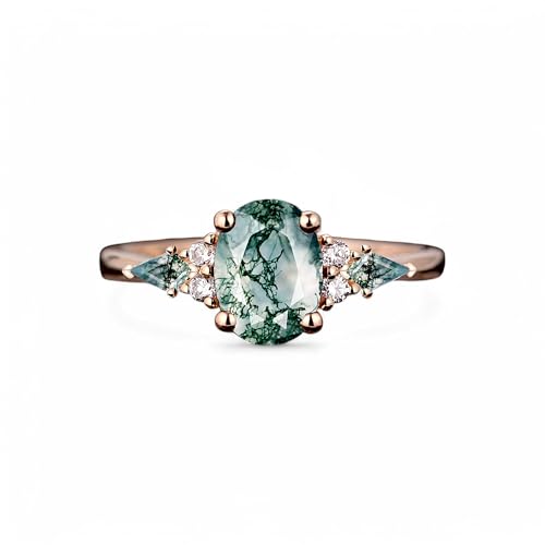 Oval Moss Agate Engagement Ring 14K Solid Gold Vintage-Inspired Unique Cluster Kite-Cut Green Agate & Moissanite Bridal Wedding Set Handcrafted Nature-Themed Jewelry Gift