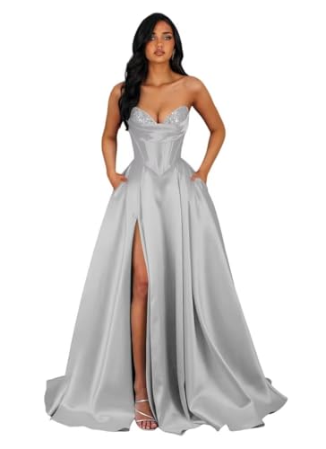Tianzhihe A Line Satin Pockets Strapless Plus Size Silver Prom Dresses
